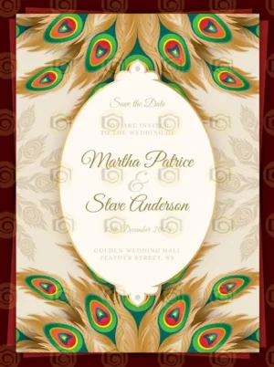A Sophisticated Wedding Invitation Adorned With Beautiful Peacock Feathers, Showcasing A Blend Of Elegance And Artistry